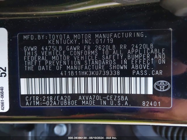 Toyota CAMRY SE 2019 4T1B11HK3KU739338 Image 9