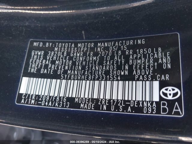 5YFBURHE8FP331554 Toyota Corolla Le Plus