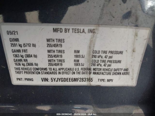 5YJYGDEE6MF283165 Tesla Model Y Long Range Dual Motor All-wheel Drive