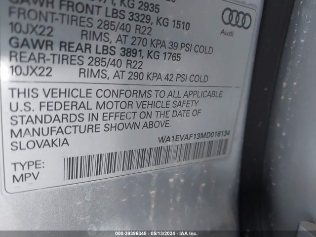 WA1EVAF13MD016134 Audi Q8 Premium Plus 55 Tfsi Quattro Tiptronic