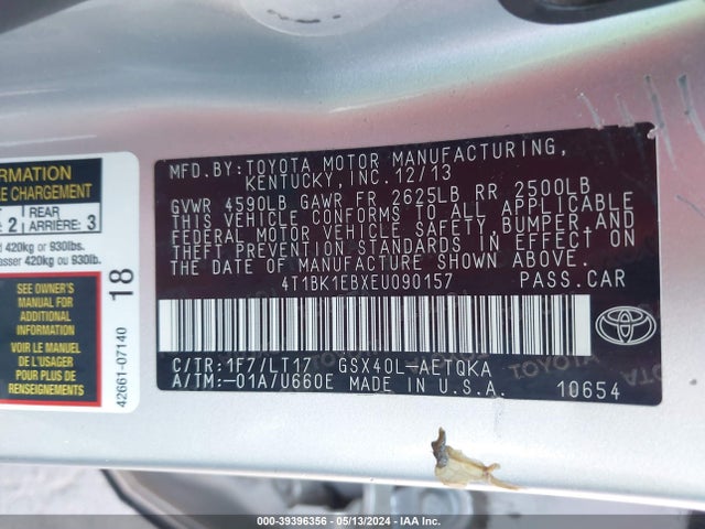 Toyota Avalon Xle Touring 2014 4T1BK1EBXEU090157 Image 9