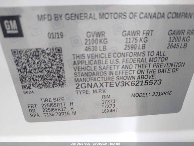 Chevrolet EQUINOX LT 2019 2GNAXTEV3K6215573 Image 9