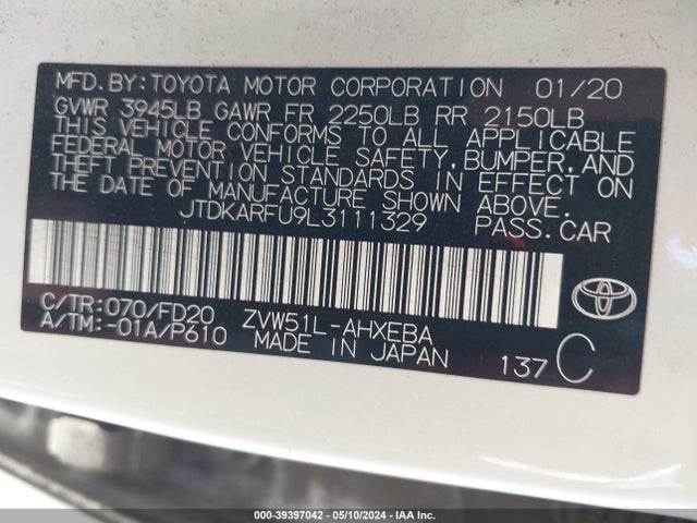 Toyota Prius Le 2020 JTDKARFU9L3111329 Image 9