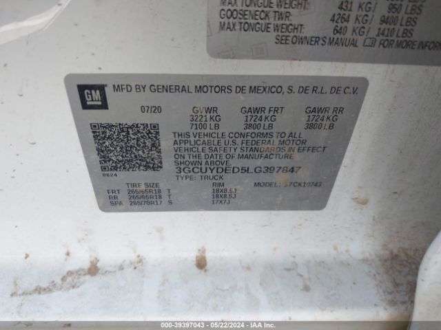 3GCUYDED5LG397847 Chevrolet Silverado 1500 4wd  Standard Bed Lt