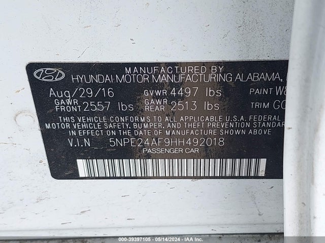 Hyundai Sonata 2017 5NPE24AF9HH492018 Image 9