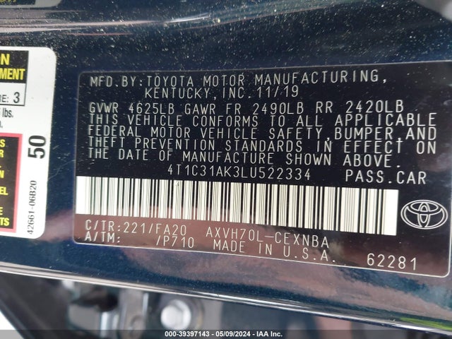 Toyota Camry Le Hybrid 2020 4T1C31AK3LU522334 Image 9