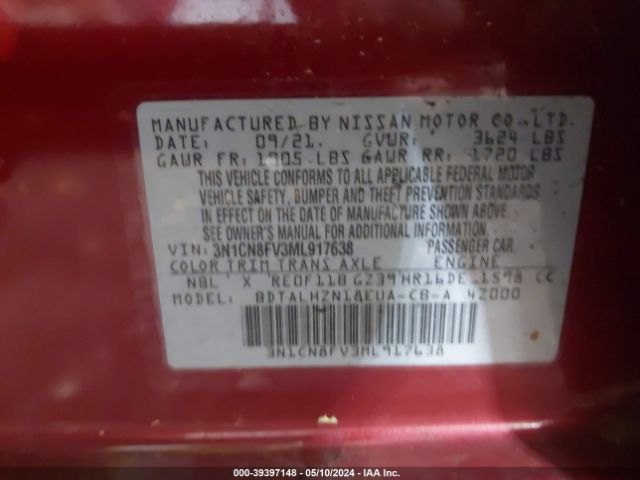 3N1CN8FV3ML917638 Nissan Versa Sr Xtronic Cvt