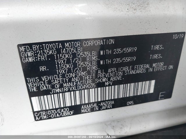 Toyota Rav4 Limited 2020 JTMN1RFVXLD049035 Image 9