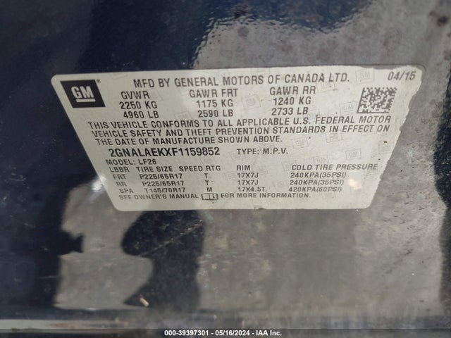 Chevrolet EQUINOX LS 2015 2GNALAEKXF1159852 Image 9