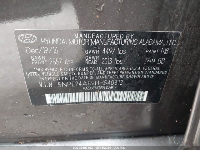 Hyundai SONATA SE 2017 5NPE24AF9HH540312 Image 9