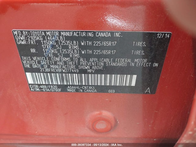 Toyota RAV4 LE 2015 2T3BFREV8FW277449 Image 9