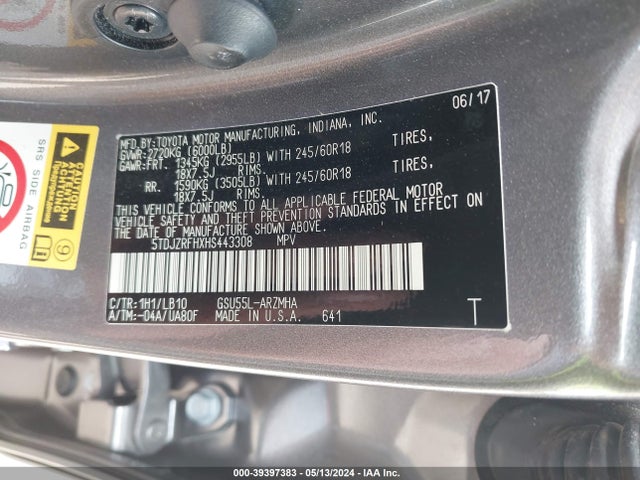 Toyota Highlander Xle 2017 5TDJZRFHXHS443308 Image 9