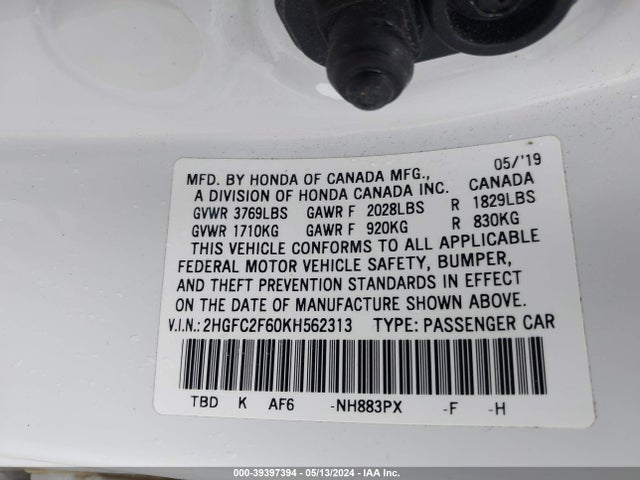 Honda Civic Lx 2019 2HGFC2F60KH562313 Image 9