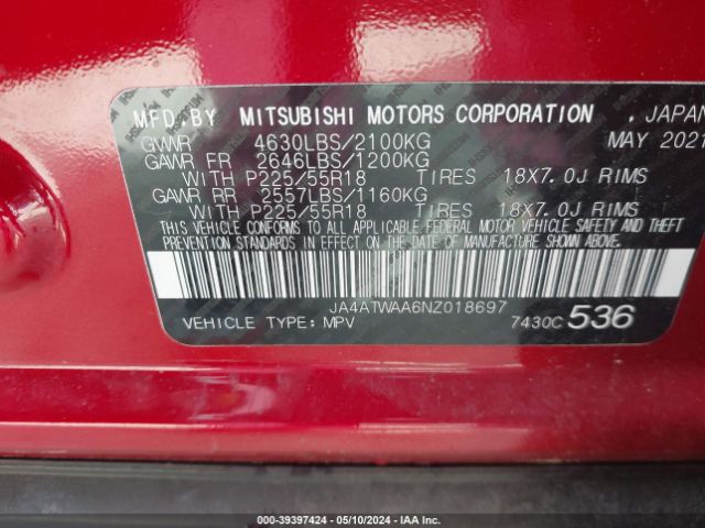 JA4ATWAA6NZ018697 Mitsubishi Eclipse Cross Se S-awc/se Special Edition S-awc/sel S-awc/sel Special Edition S-awc