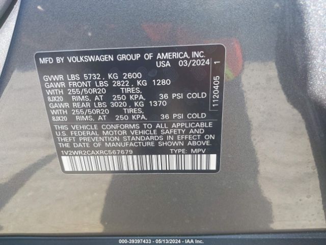 1V2WR2CAXRC567679 Volkswagen Atlas 2.0t Se W/technology