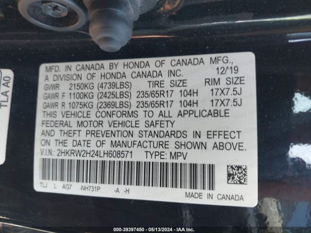 2HKRW2H24LH608571 Honda Cr-v Awd Lx