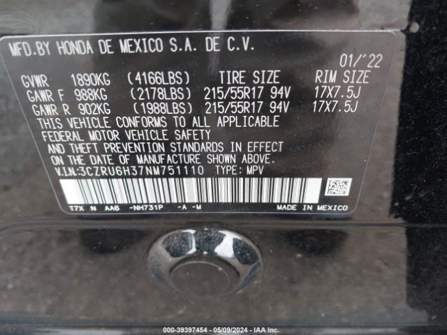 3CZRU6H37NM751110 Honda Hr-v Awd Lx