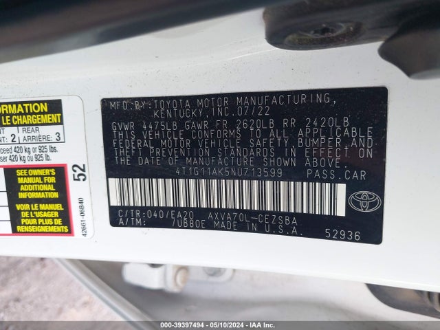 Toyota CAMRY SE 2022 4T1G11AK5NU713599 Image 9