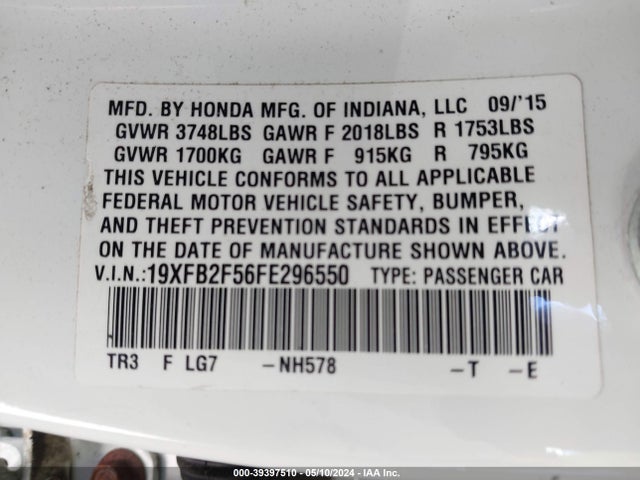 Honda Civic Lx 2015 19XFB2F56FE296550 Image 9