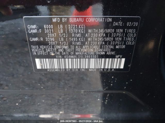 4S4WMALD5L3461101 Subaru Ascent Limited