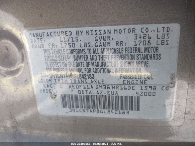 3N1CN7AP8GL842183 Nissan Versa 1.6 S+