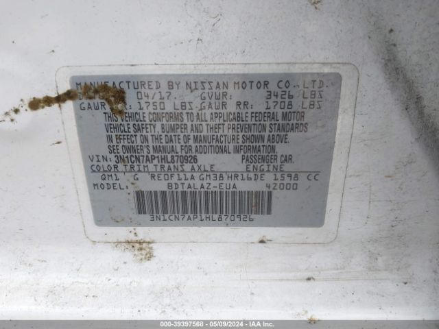 3N1CN7AP1HL870926 Nissan Versa 1.6 S+