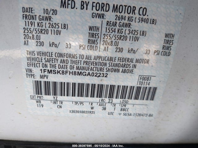 Ford Explorer Limited 2021 1FMSK8FH8MGA02232 Image 9