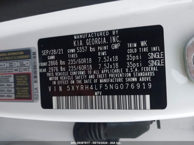 5XYRH4LF5NG076919 KIA SORENTO EX