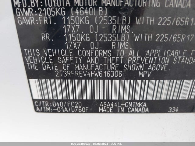 Toyota Rav4 Xle 2017 2T3RFREV4HW616306 Image 9