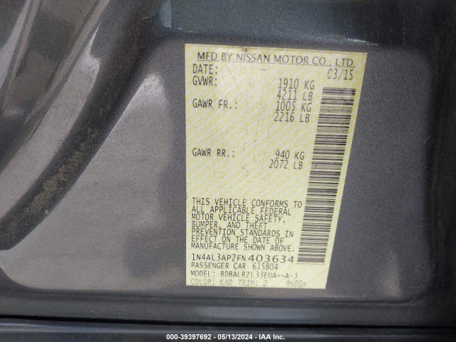 Nissan Altima 2.5 Sl 2015 1N4AL3AP2FN403634 Image 9