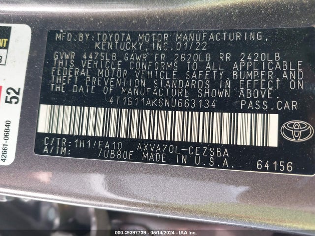 Toyota CAMRY SE 2022 4T1G11AK6NU663134 Image 9