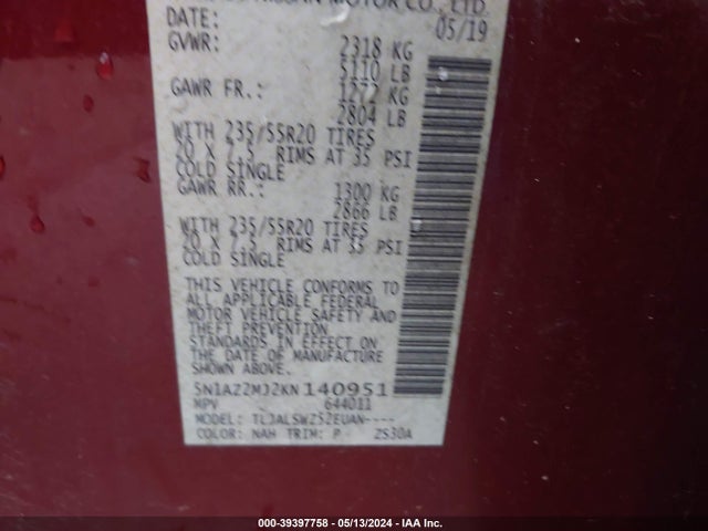 Nissan Murano Platinum 2019 5N1AZ2MJ2KN140951 Image 9