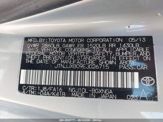 JTNJJXB09EJ026715 Scion Iq 10 Series
