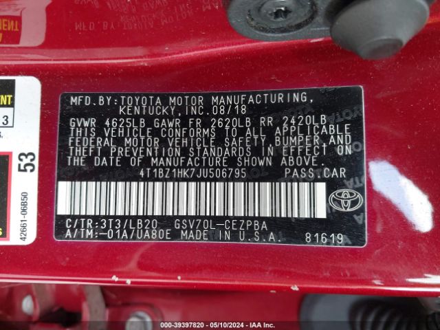 4T1BZ1HK7JU506795 Toyota Camry Xse V6