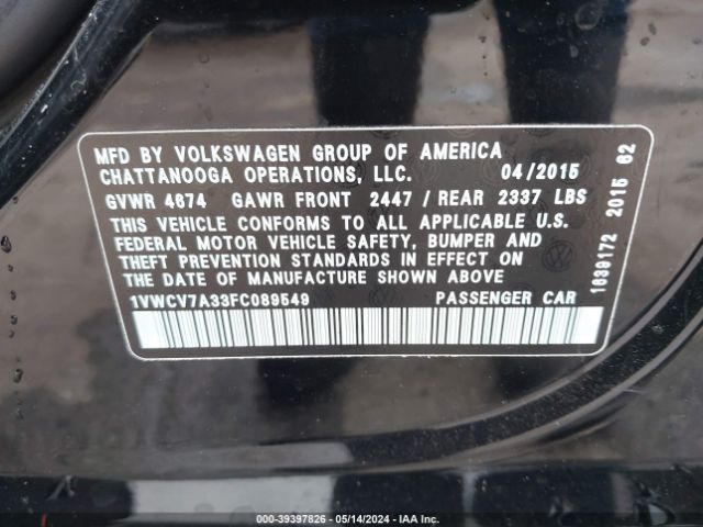 1VWCV7A33FC089549 Volkswagen Passat 2.0l Tdi Sel Premium