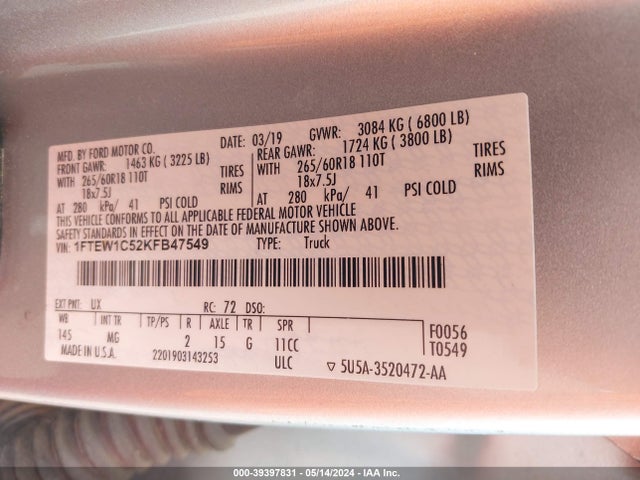 Ford F-150 Xlt 2019 1FTEW1C52KFB47549 Image 9