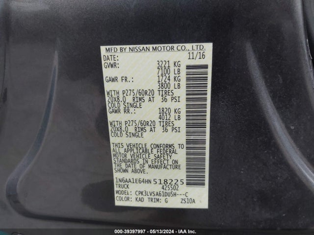 Nissan Titan Sl 2017 1N6AA1E64HN518225 Image 9