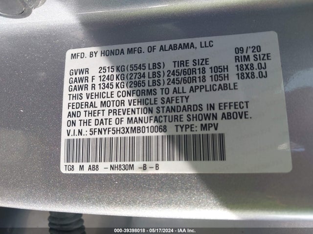Honda Pilot 2wd Ex 2021 5FNYF5H3XMB010068 Image 9