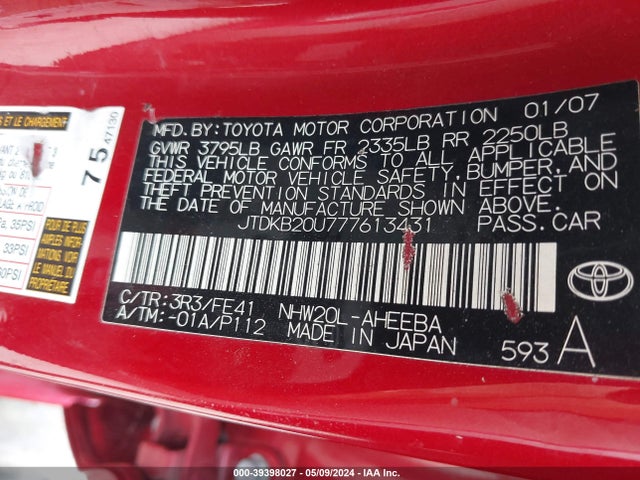 39398027 :رقم المزاد ، JTDKB20U777613431 vin ، 2007 Toyota Prius مزاد بيع