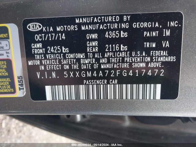 KIA Optima Lx 2015 5XXGM4A72FG417472 Image 9