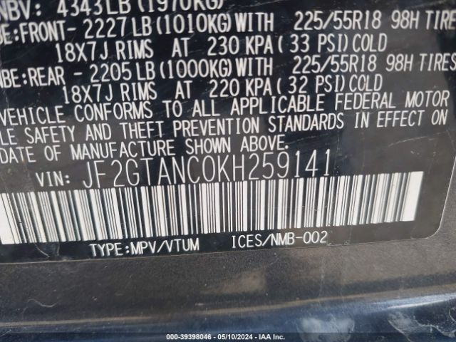 JF2GTANC0KH259141 Subaru Crosstrek 2.0i Limited