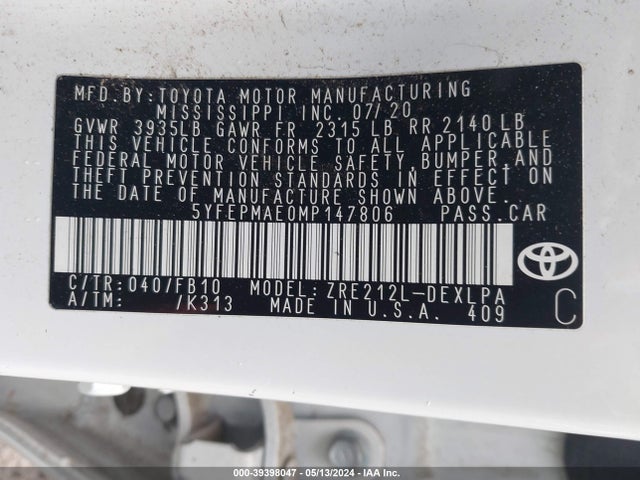 Toyota COROLLA LE 2021 5YFEPMAE0MP147806 Image 9