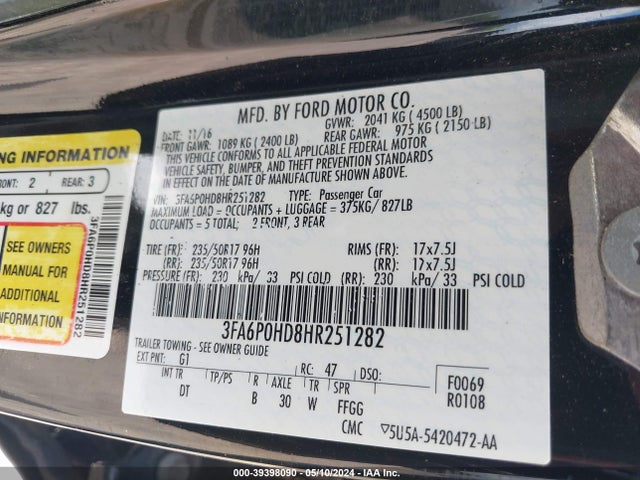 Ford FUSION SE 2017 3FA6P0HD8HR251282 Image 9