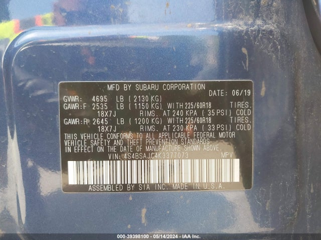 Subaru Outback 2.5i Limited 2019 4S4BSAJC4K3377073 Image 9