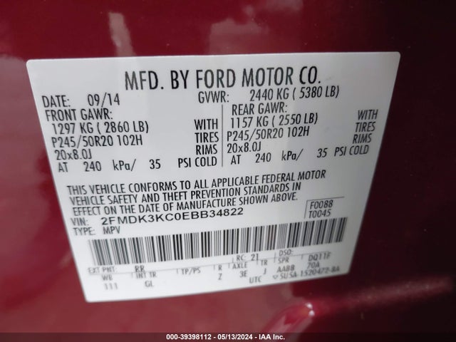 Ford Edge Limited 2014 2FMDK3KC0EBB34822 Image 9