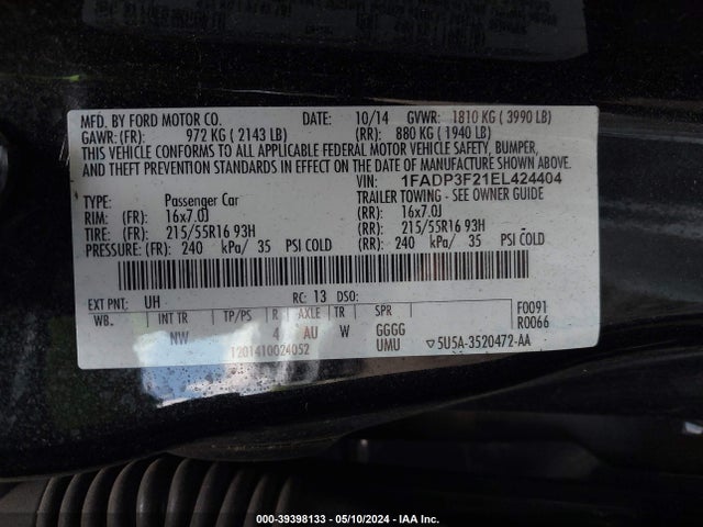 Ford FOCUS SE 2014 1FADP3F21EL424404 Image 9