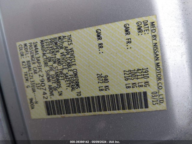 Nissan Altima 2.5 Sv 2015 1N4AL3AP3FC290742 Image 9