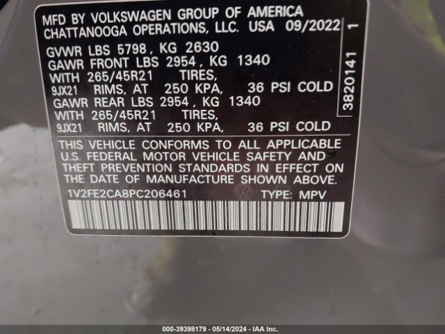 1V2FE2CA8PC206461 Volkswagen Atlas Cross Sport 3.6l V6 Sel Premium R-line