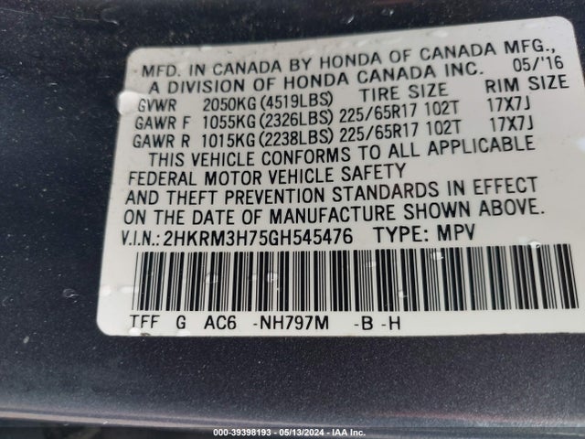 Honda Cr-v Ex-l 2016 2HKRM3H75GH545476 Image 9