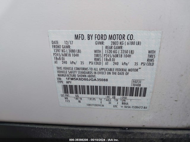 Ford EXPLORER XLT 2018 1FM5K8D80JGA35088 Image 9